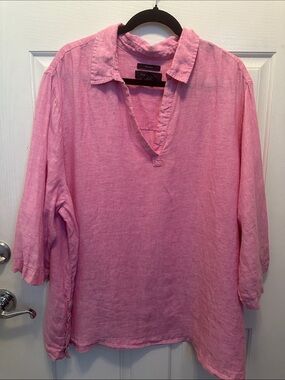 Tahari 100% Linen Pink Tunic Blouse Side Button Detail Natural Cool Fiber 3X